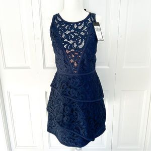 NWT! Size 4 BCBG MaxAzria Navy Blue Lace Plunge Neckline Hanah Mini Dress